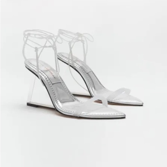 New Good American Cinder F**Cking Rella Clear Silver Lucite Wedge Lace Up Heel